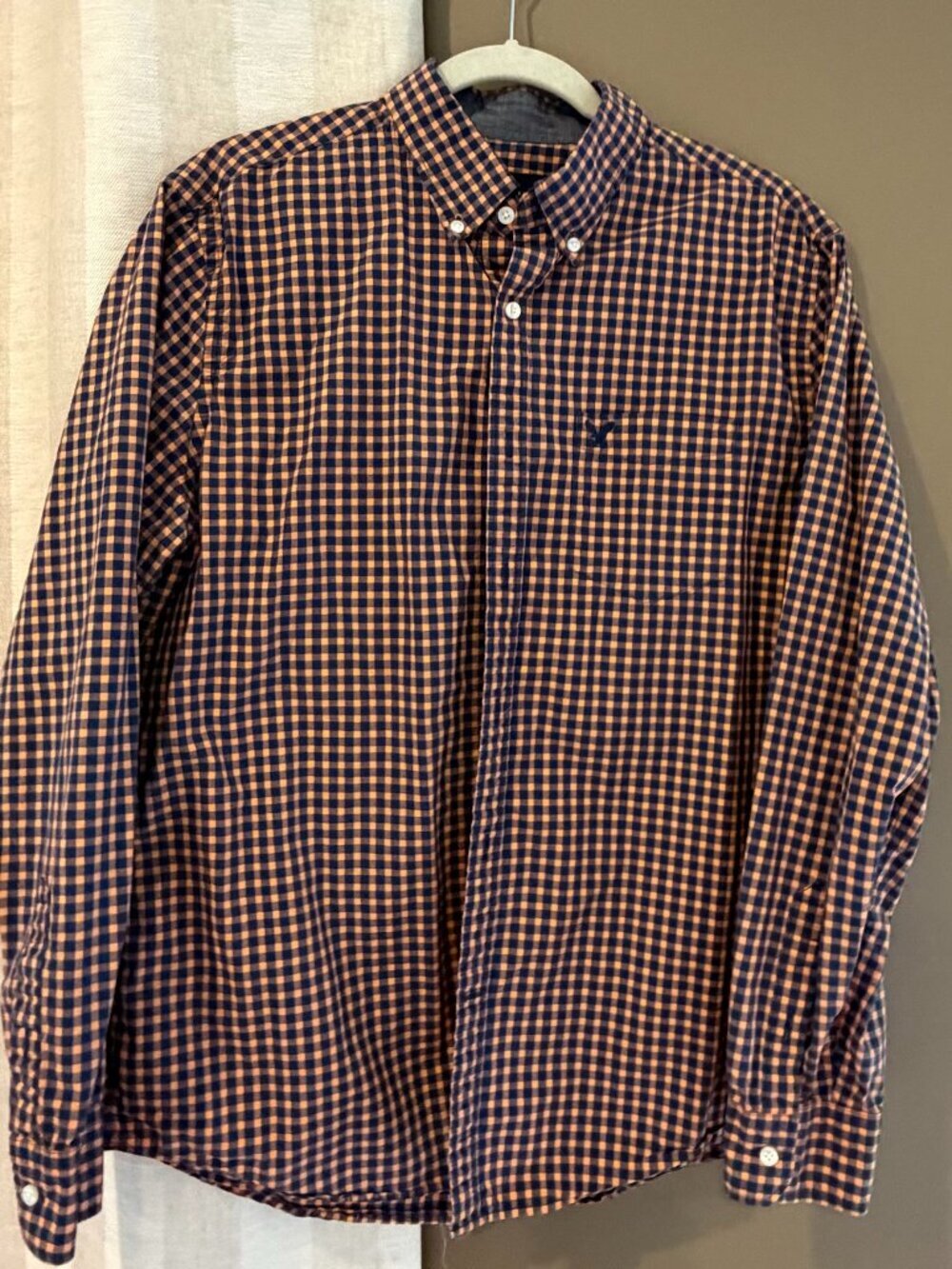 American Eagle Blue Orange Gingham Casual Button Down Cotton, Size Large